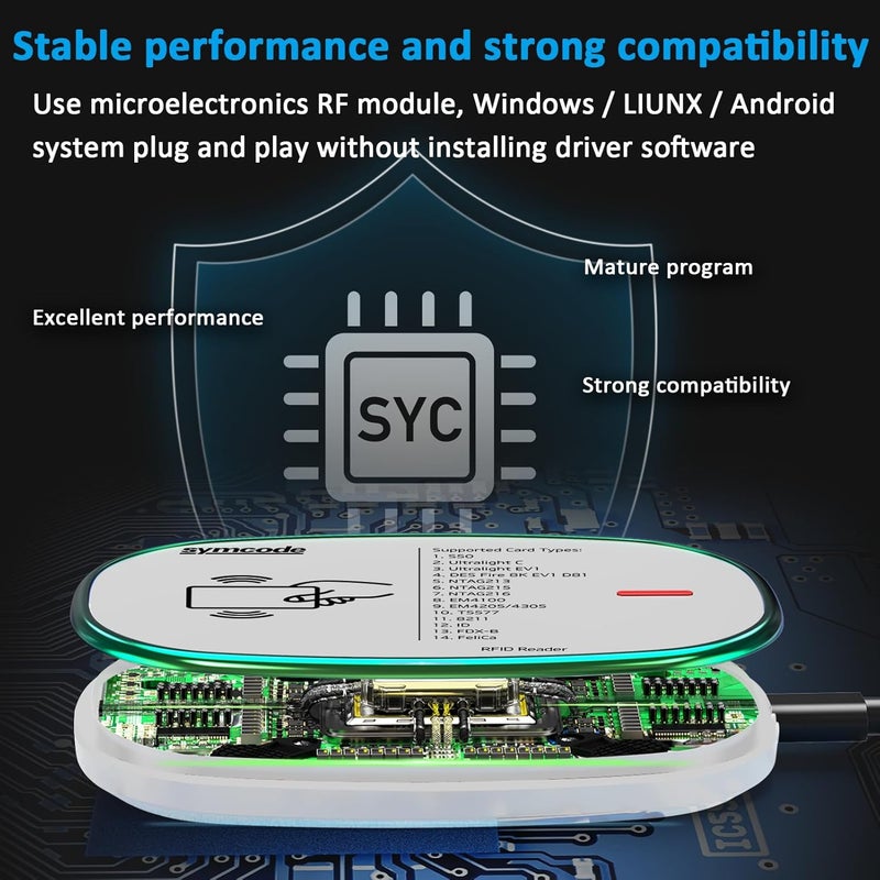 symcode RFID Reader 125KHz and 13.56Mhz Card USB Reader Plug and Play USB HID Device Emulate Keyboard for Win Linux Android iOS White - Image 4